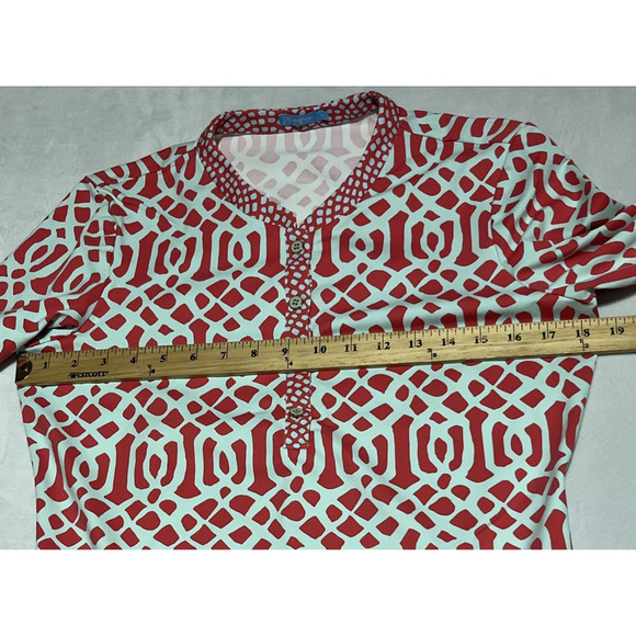 J McLaughlin Catalina Cloth Top Womens Medium 3/4 Sleeve Coral Aqua 1/4 Button - Picture 8 of 12